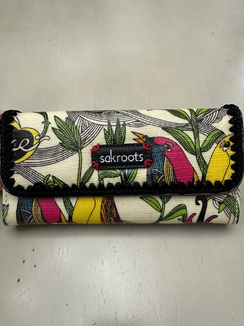 Sakroots Cream Wallet with Pink Yellow and Green Bird Print